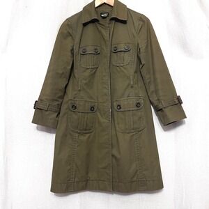 J Crew VTG Olive Green Utility Trench Coat Women's Sz 4 Button Front Belted Cuff